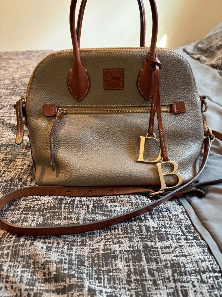 Dooney & Bourke Taupe Pebbled Leather Satchel With Brown Trim And Gold Db Charms